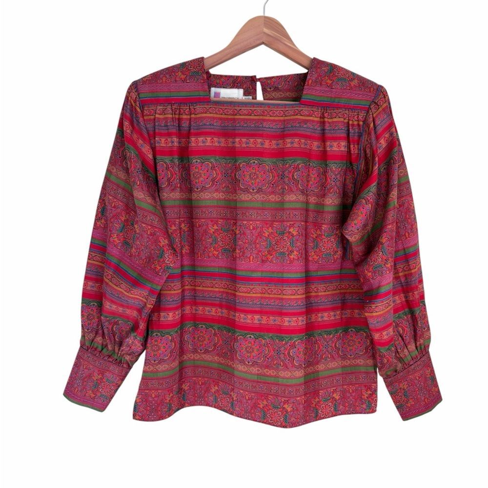 Vintage 80s Prophecy Boho Folk Print Cotton Blouse Womens USA Made Size 18
